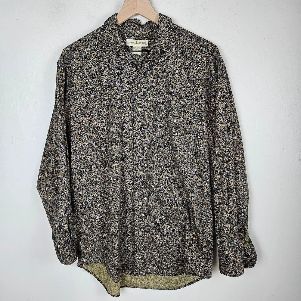 Vintage 80s Banana‎ Republic Paisley Button Down Men's M Navy Long Sleeve Shirt